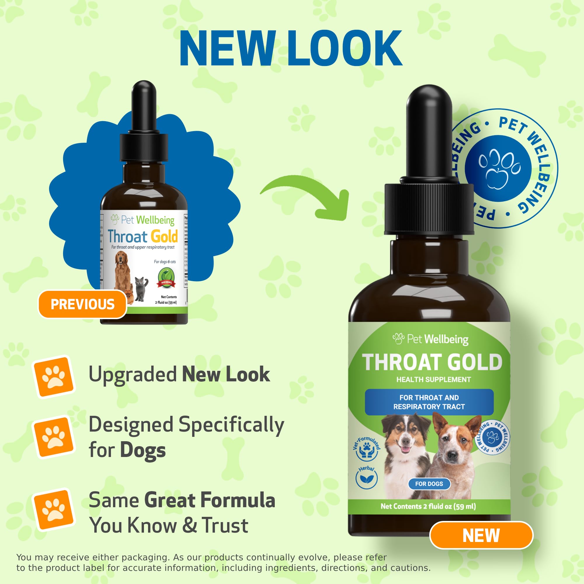 Pet Wellbeing Throat Gold label closeup highlighting vet-formulated, USA-made formula