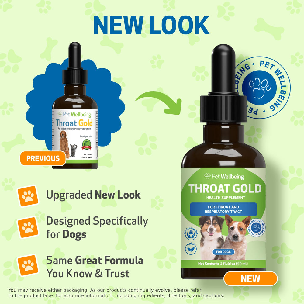 Pet Wellbeing Throat Gold label closeup highlighting vet-formulated, USA-made formula