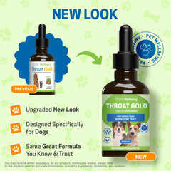 Pet Wellbeing Throat Gold label closeup highlighting vet-formulated, USA-made formula