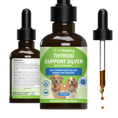 Pet Wellbeing Thyroid Support Silver for Dogs bottle pour showing easy dispensing for daily energy.