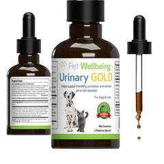 Pet Wellbeing Urinary Gold bottle showing vet-formulated urinary support for dogs.