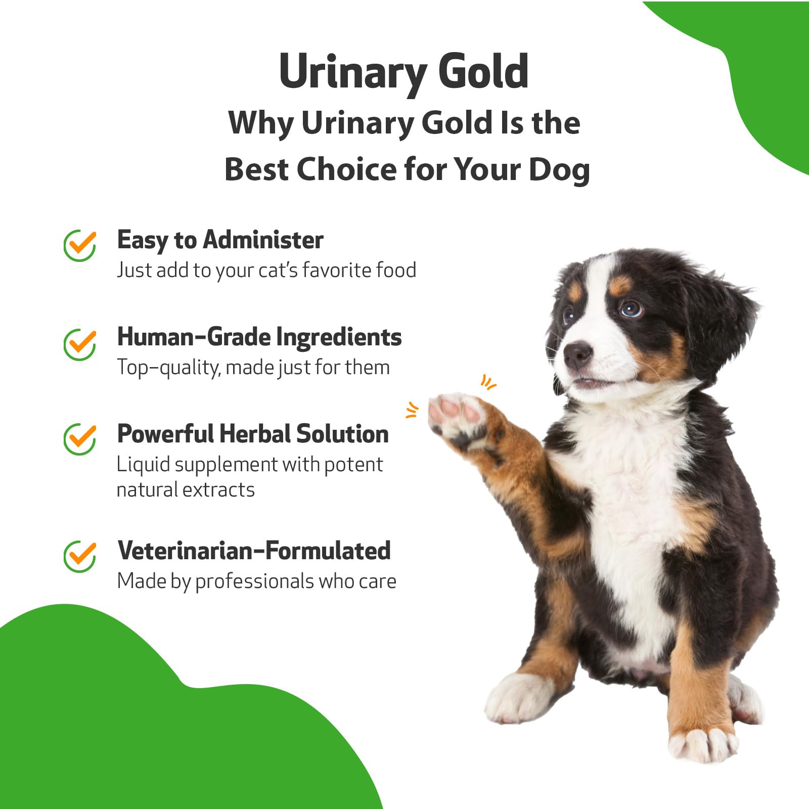 Pet Wellbeing Urinary Gold label close-up highlighting natural herbal blend.