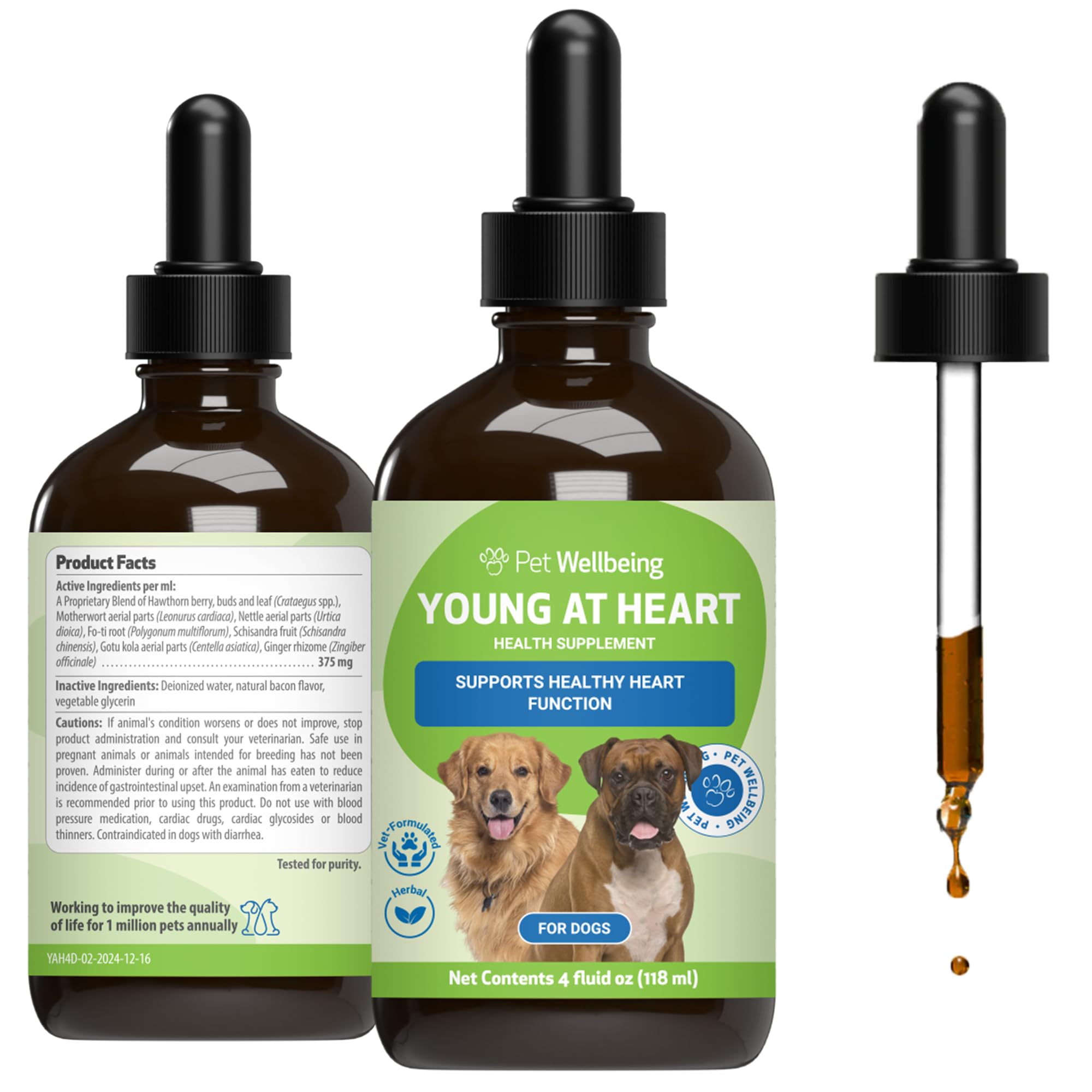 Pet Wellbeing Young at Heart for Dogs bottle front communicates NASC-certified heart support