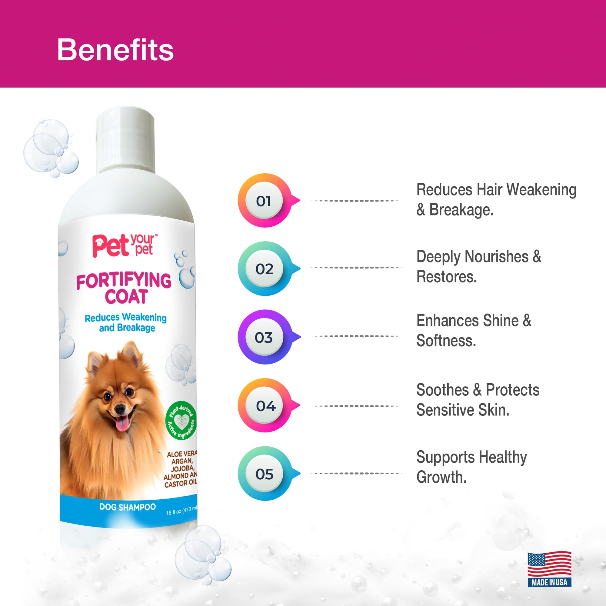 Pet Your Pet natural dog shampoo with argan oil highlights hydration and coat shine.