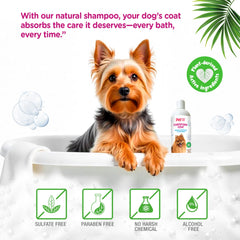 Pet Your Pet natural dog shampoo lather demonstrates easy rinse for quick grooming.