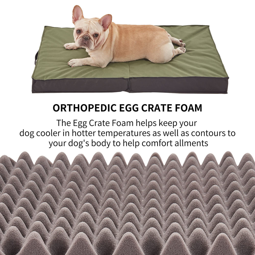 PETABBY Outdoor Dog Bed shown in crates or carriers for versatile setup.