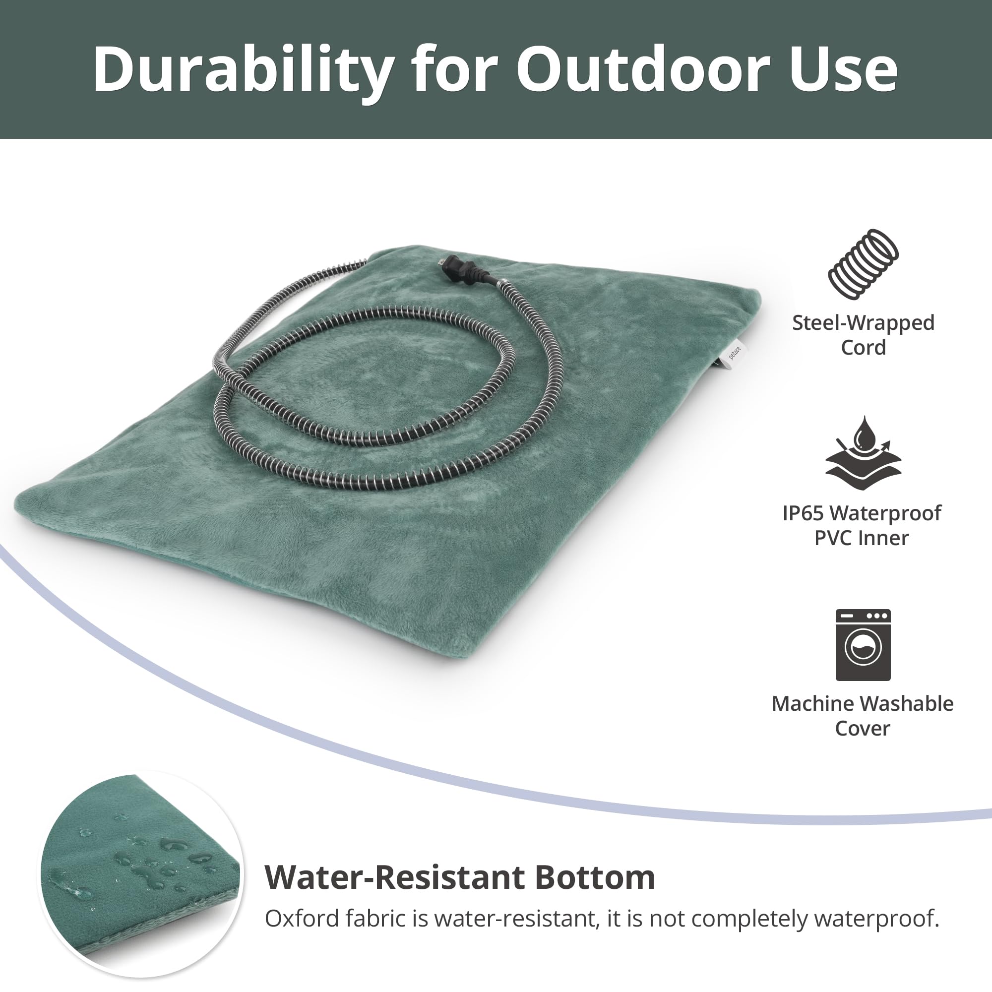 Petace Outdoor Heated Cat Bed cord close-up highlights steel-wrapped 5.6 ft power cord.