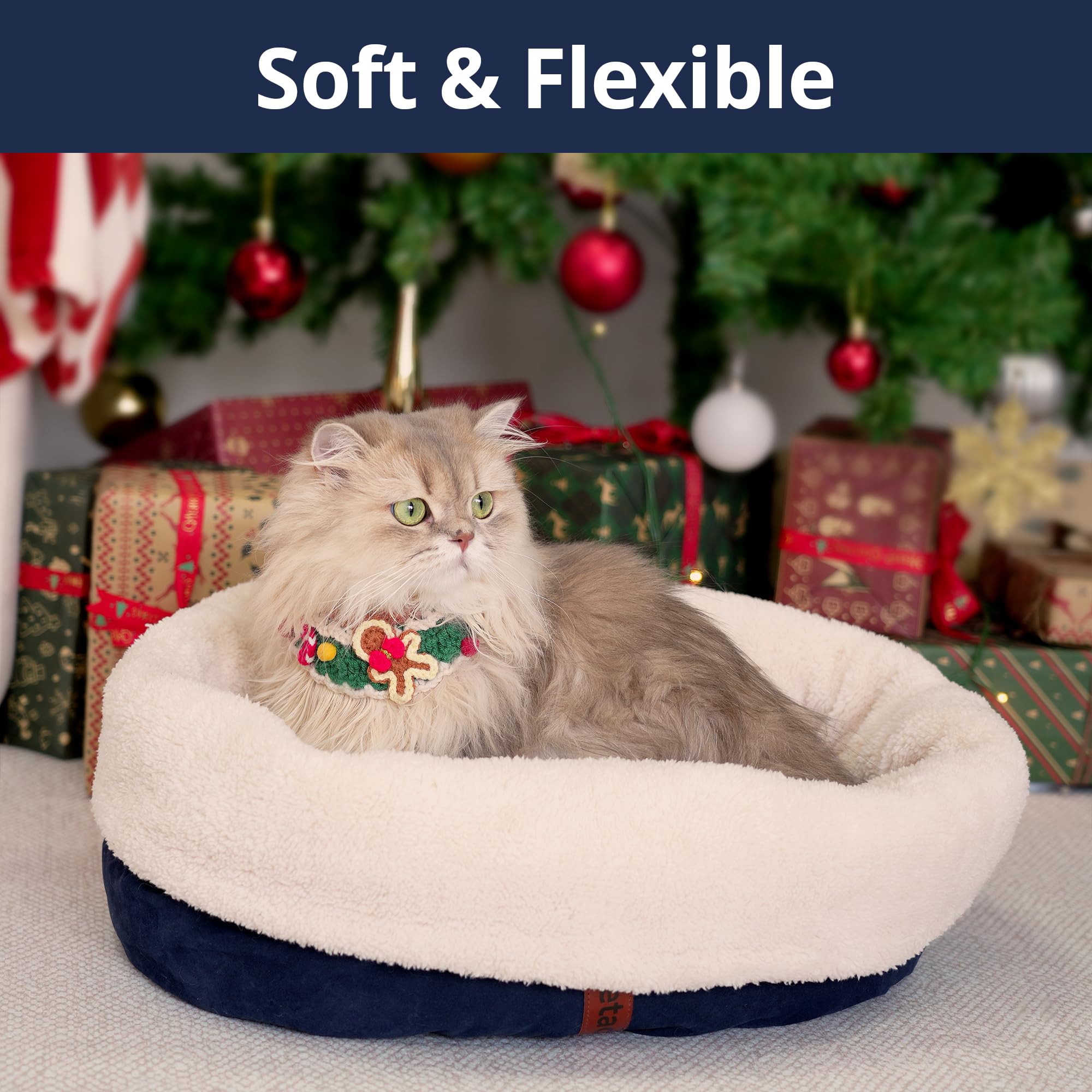 Petace Self Warming Bed blue oval shape supports curling and naps