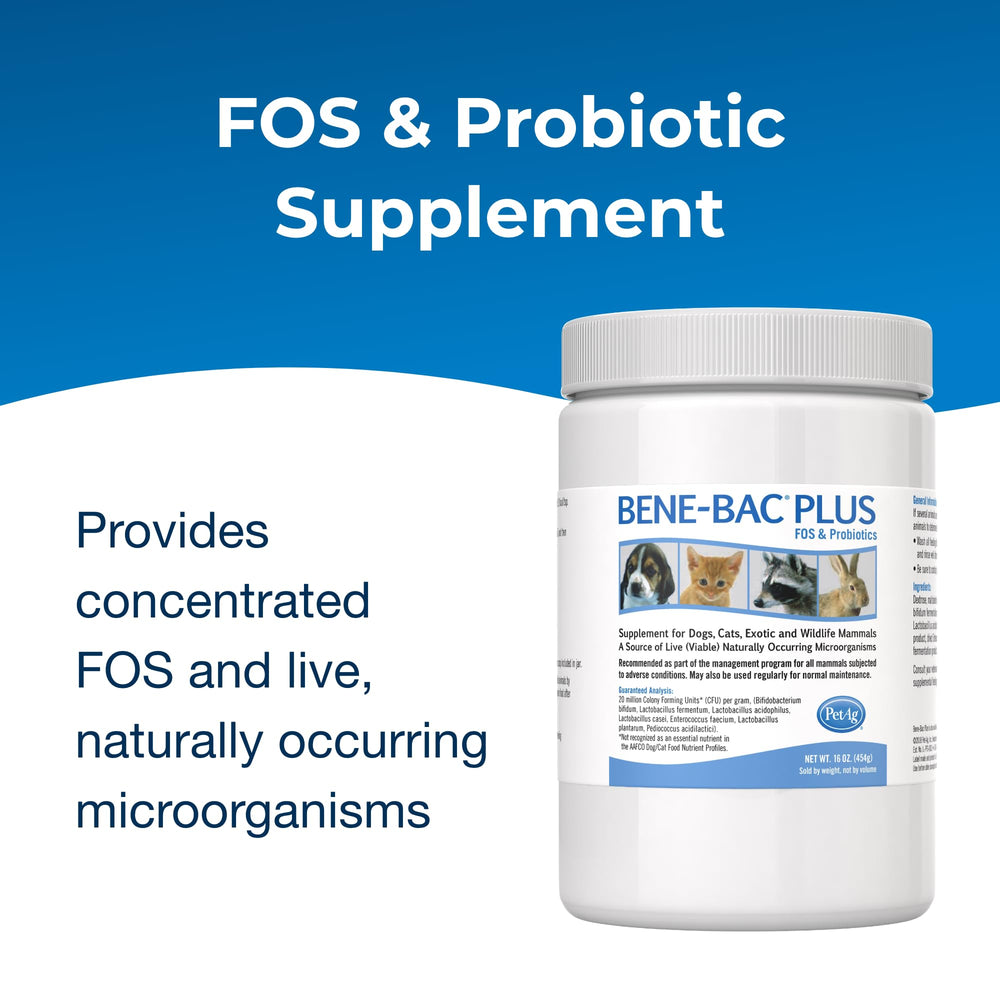PetAg Bene-Bac Plus packaging highlights FOS and probiotic blend for gut balance.