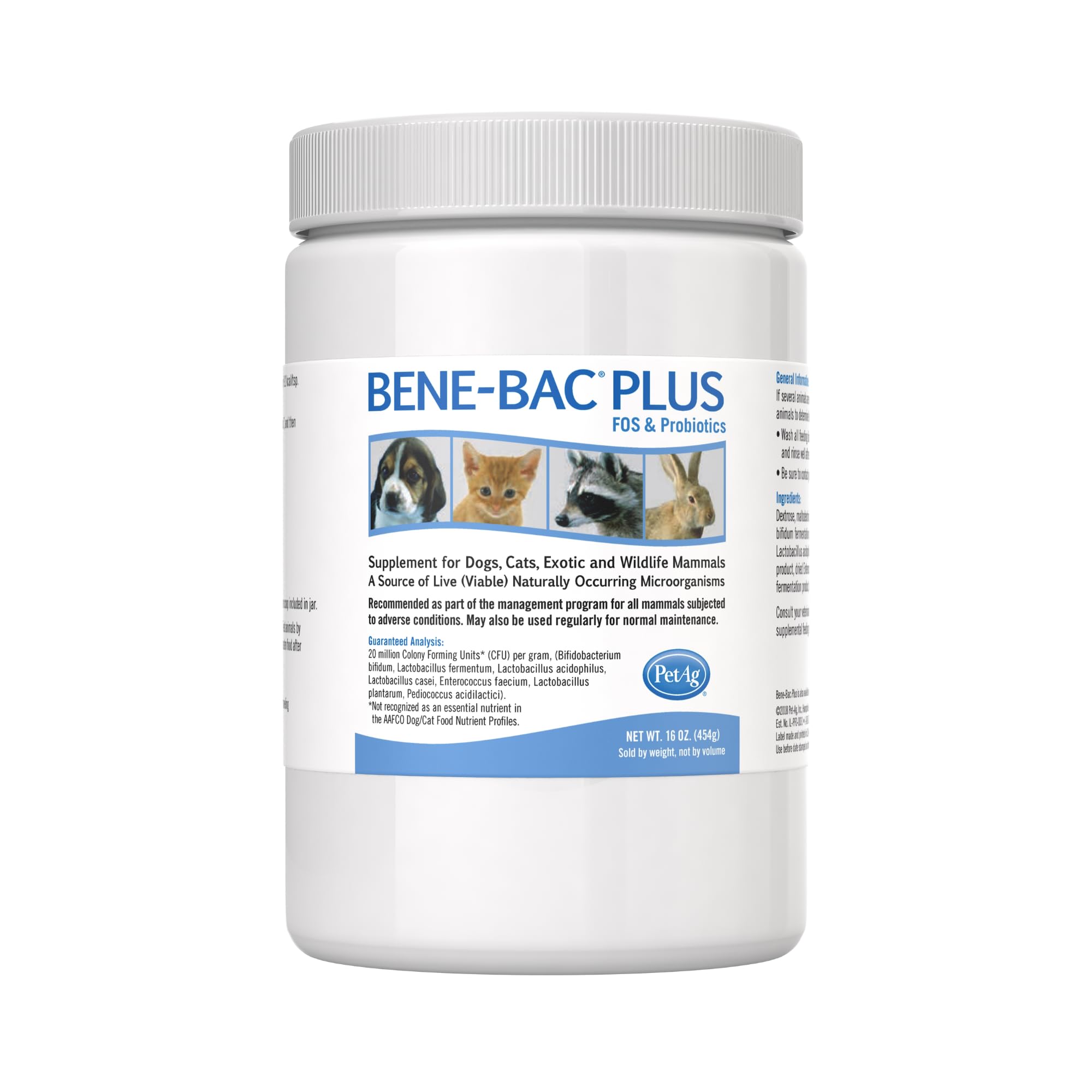 PetAg Bene-Bac Plus powder in a 1lb bottle for pet gut support.