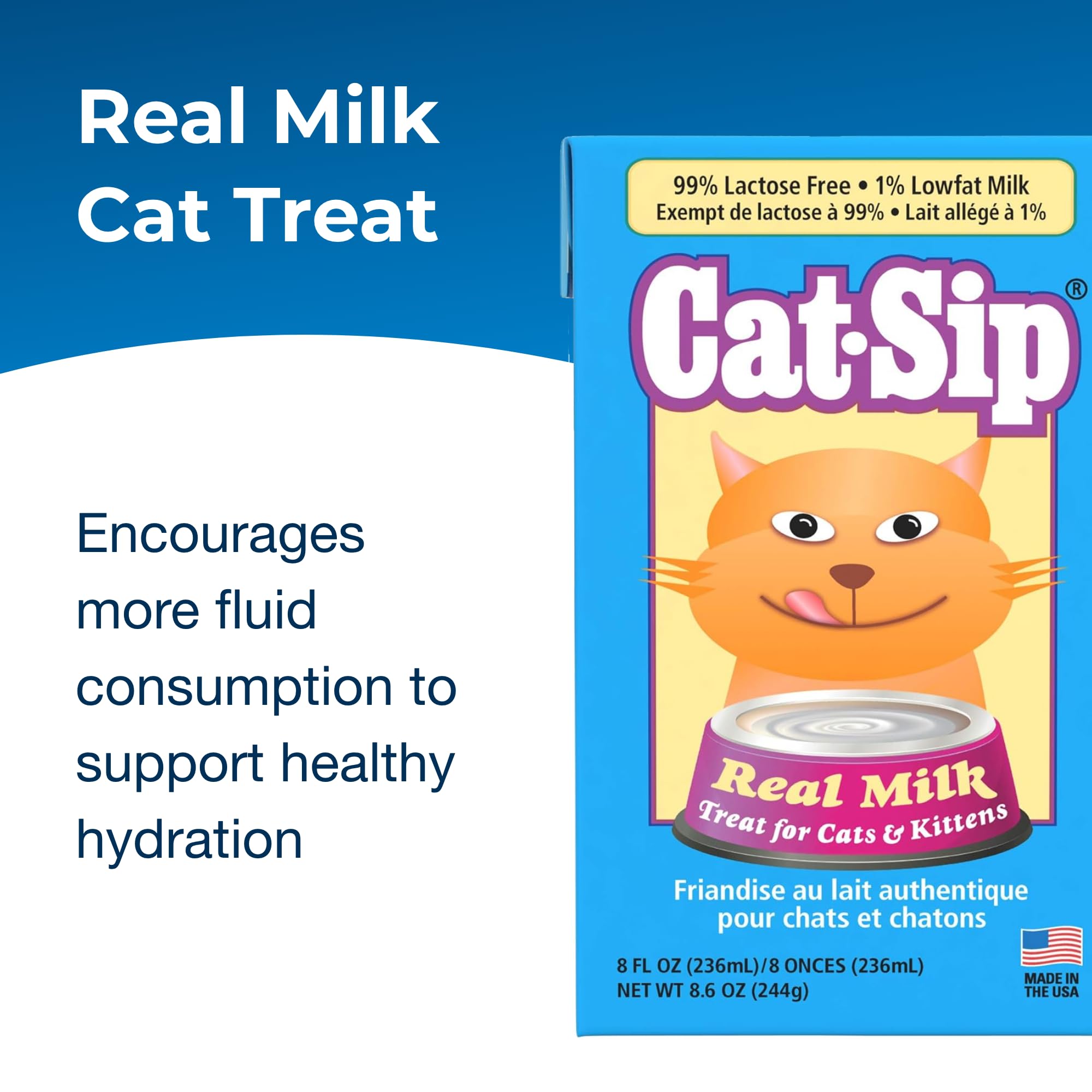 PetAg Cat-Sip ready-to-feed milk snack poured for easy daily snacking.