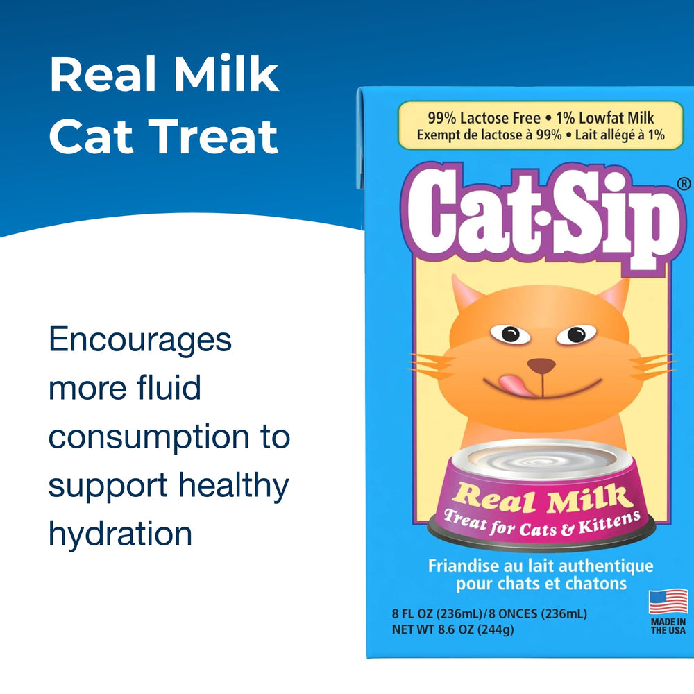 PetAg Cat-Sip ready-to-feed milk snack poured for easy daily snacking.