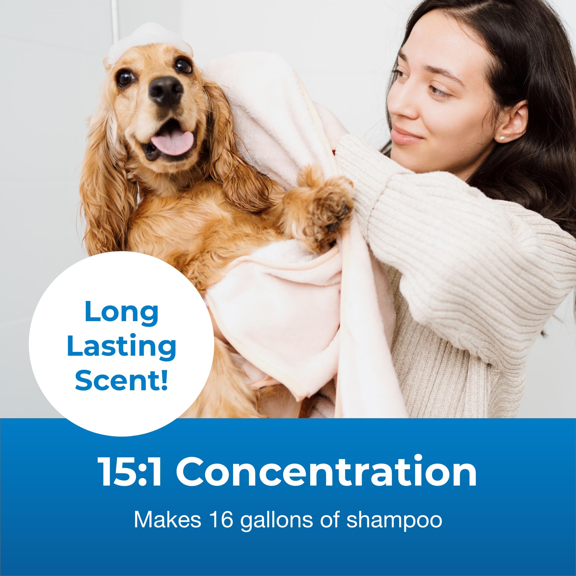 PetAg coat being treated with shampoo stroke during bath session.