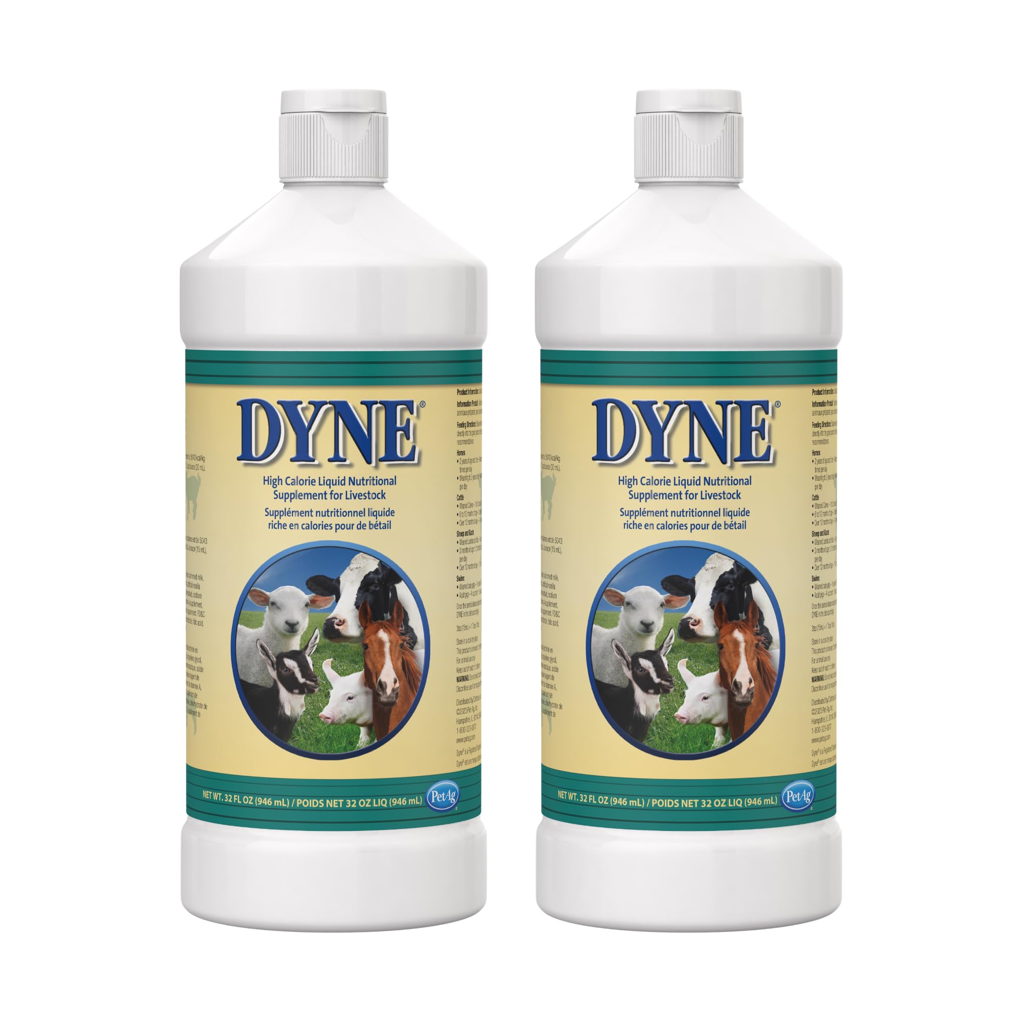 PetAg Dyne high-calorie liquid bottle front shows energy-dense nutrition for livestock