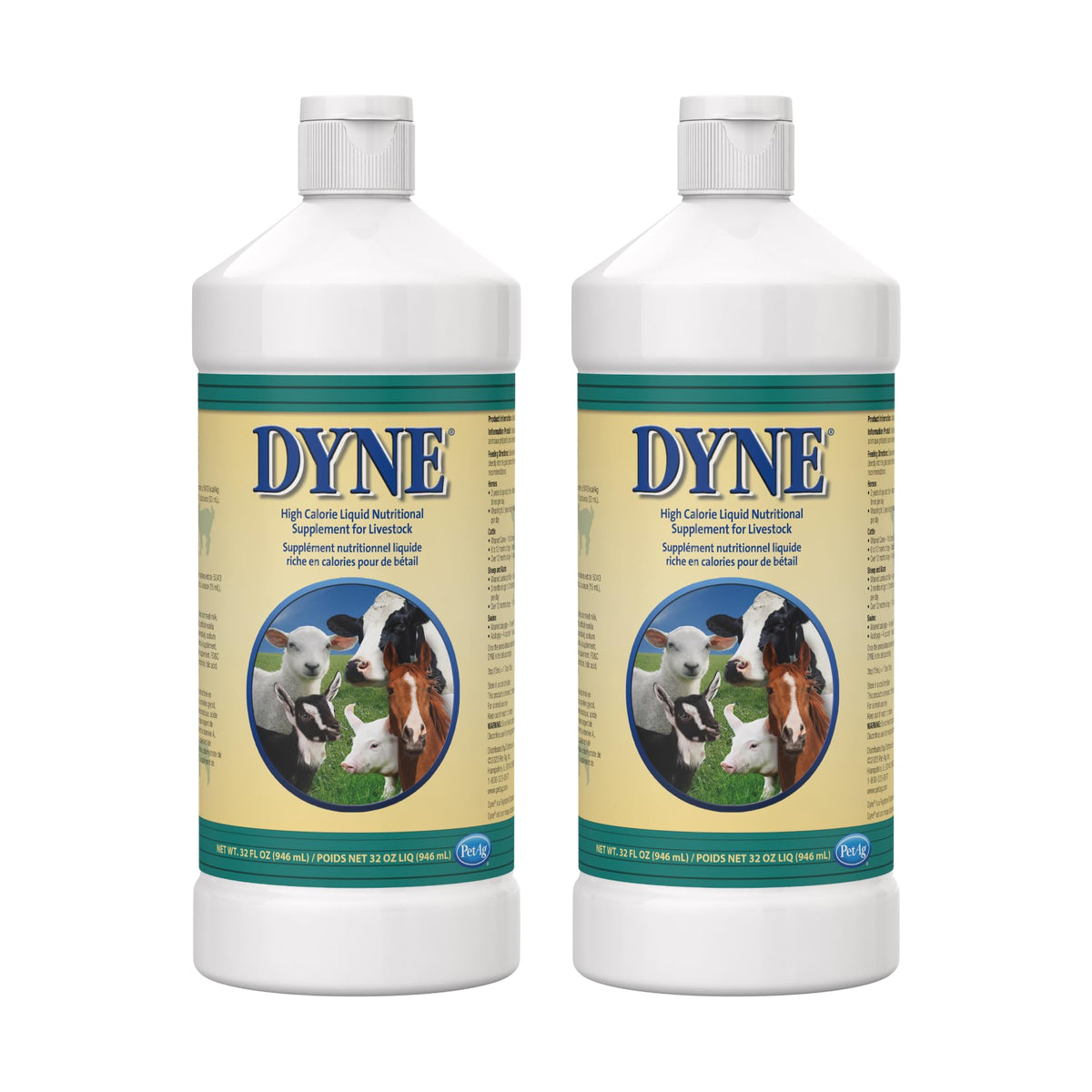 PetAg Dyne high-calorie liquid bottle front shows energy-dense nutrition for livestock