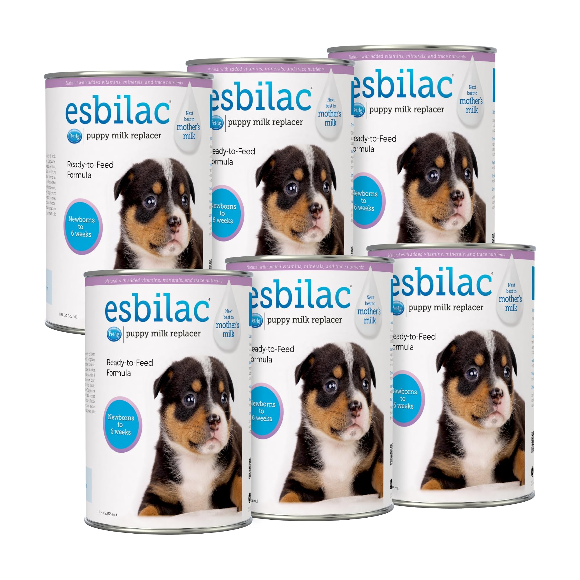 PetAg Esbilac liquid bottle demonstrates easy-to-digest nutrition for newborn puppies.