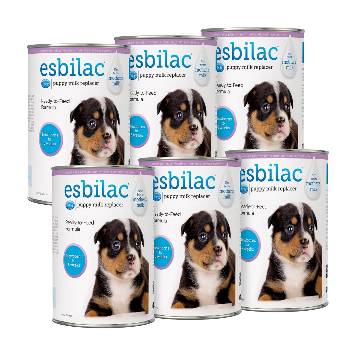 PetAg Esbilac liquid bottle demonstrates easy-to-digest nutrition for newborn puppies.