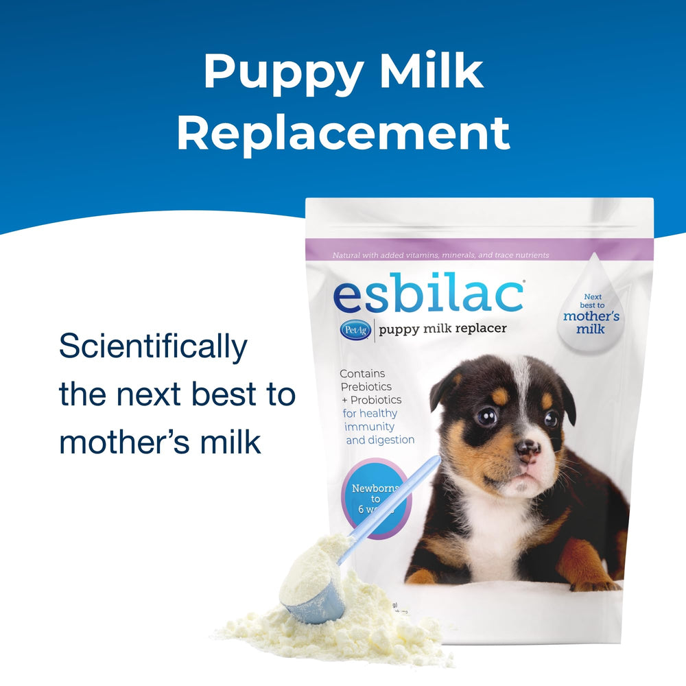 PetAg Esbilac prepared puppy milk pour illustrates easy reconstitution for feed time.