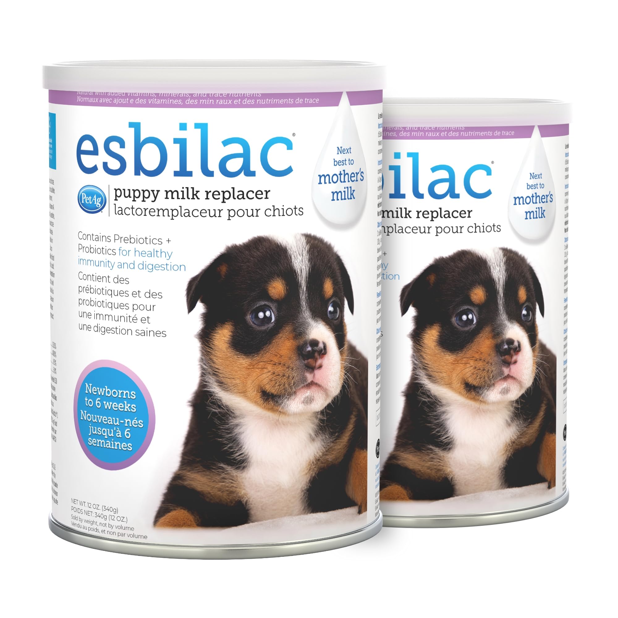 PetAg Esbilac packaging shows powder formula for dependable newborn puppy nutrition.