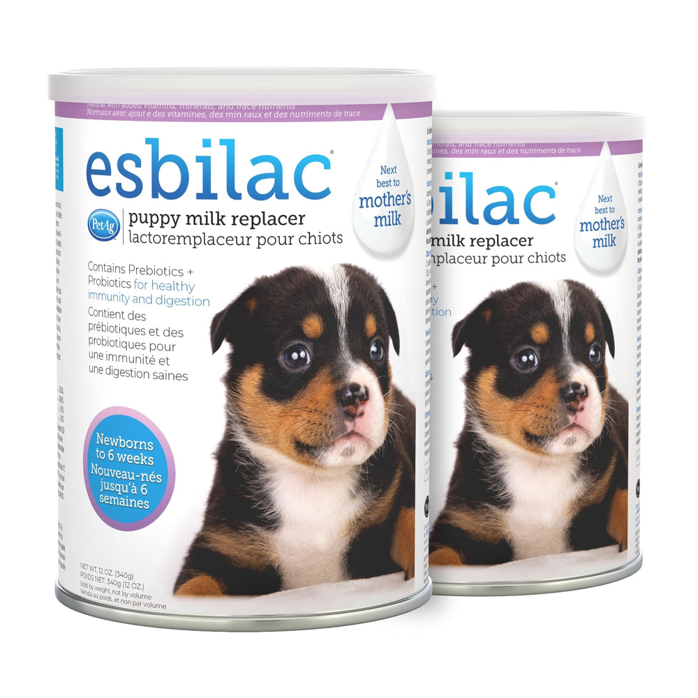 PetAg Esbilac packaging shows powder formula for dependable newborn puppy nutrition.