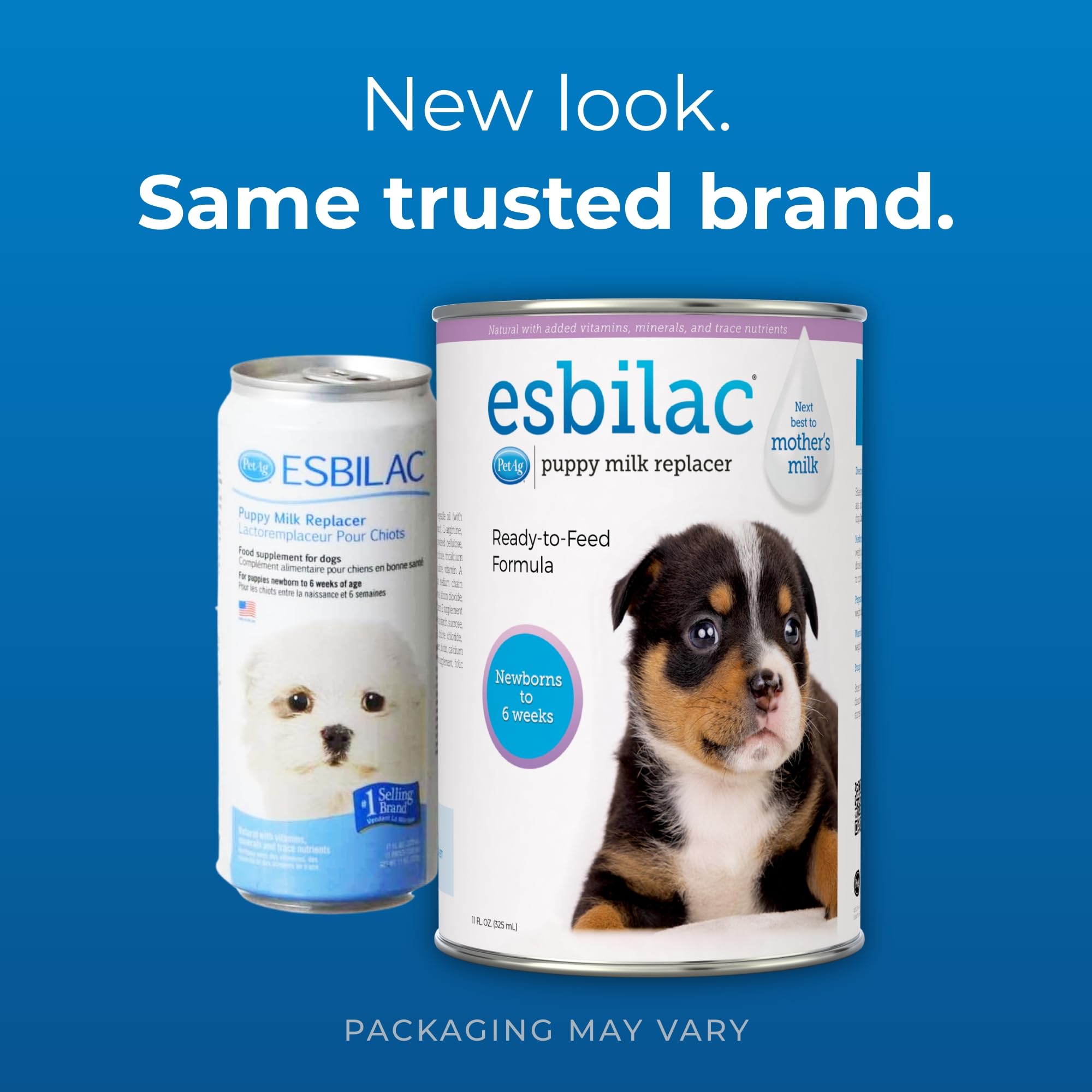 PetAg Esbilac ready-to-feed can shows convenient serving for orphaned puppies.