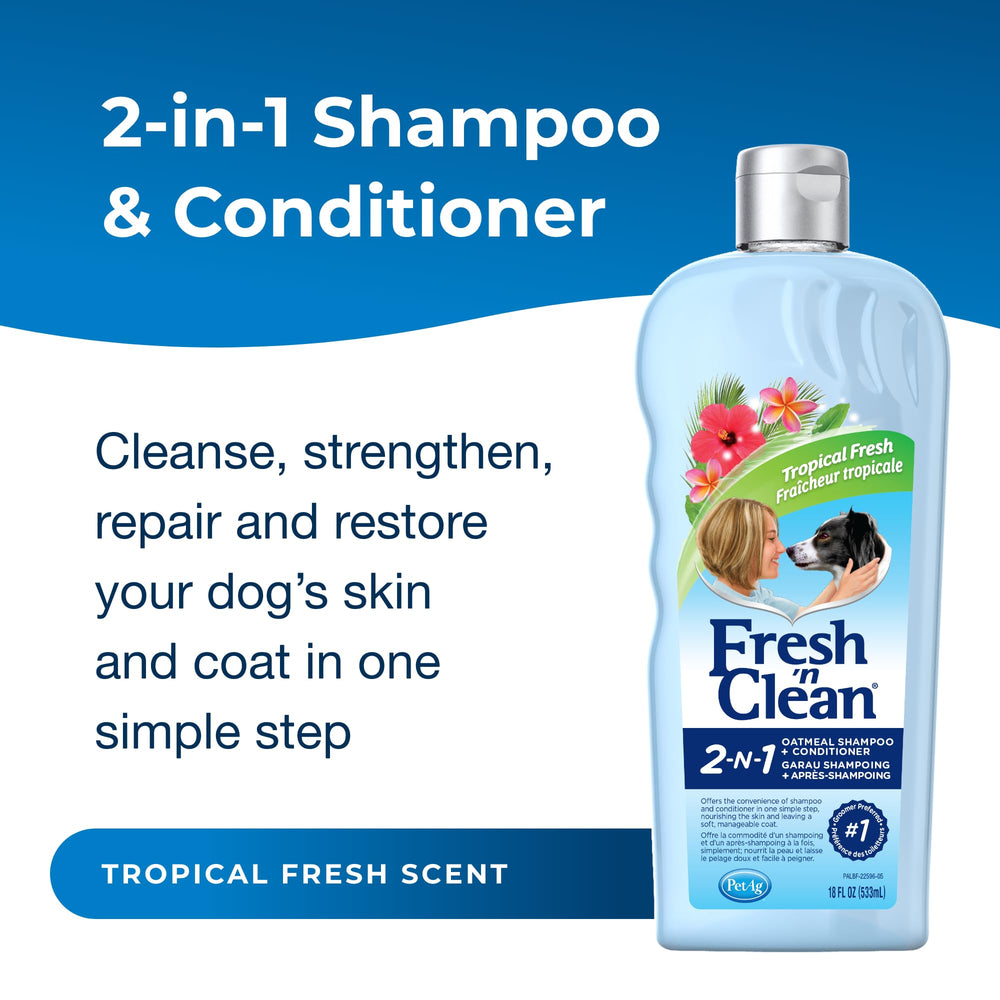 PetAg Fresh ’n Clean label closeup showing vitamin E and aloe formula for skin-friendly conditioning.