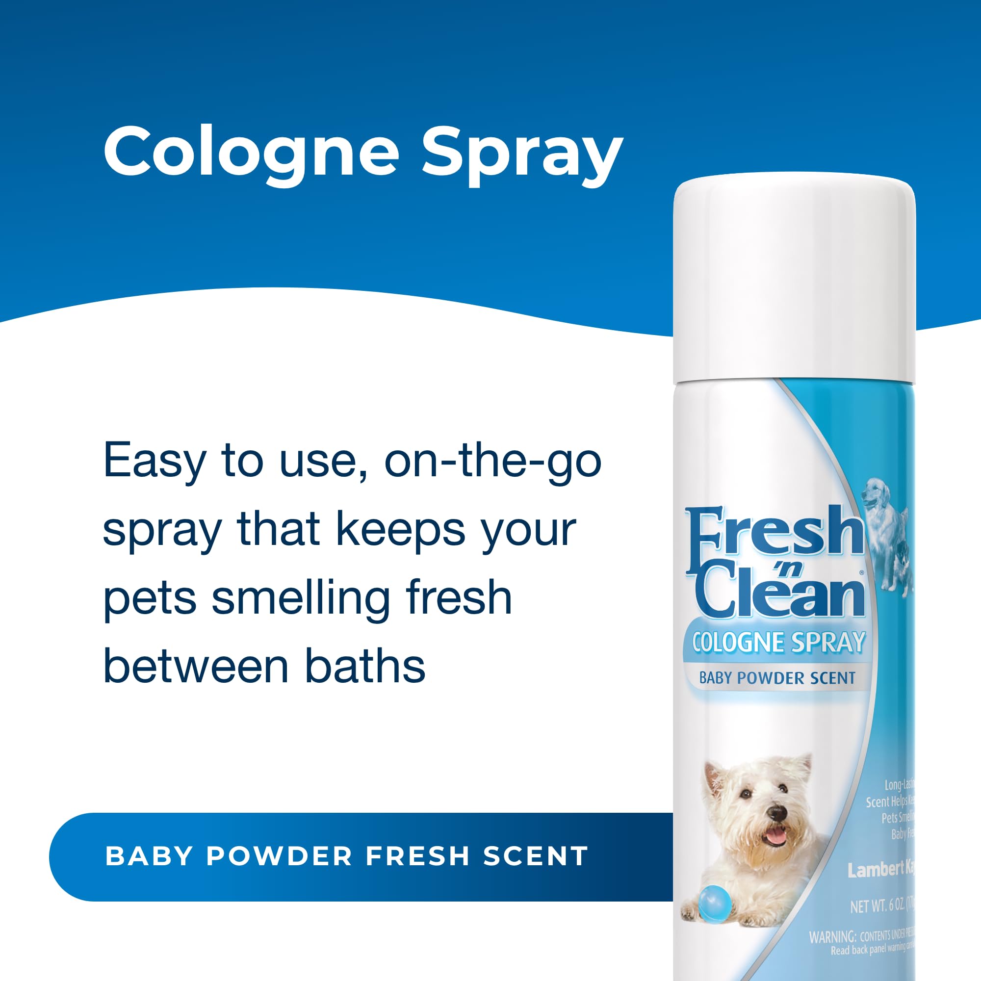 PetAg Fresh ’n Clean bottle closeup showing gentle baby powder scent for daily freshness.