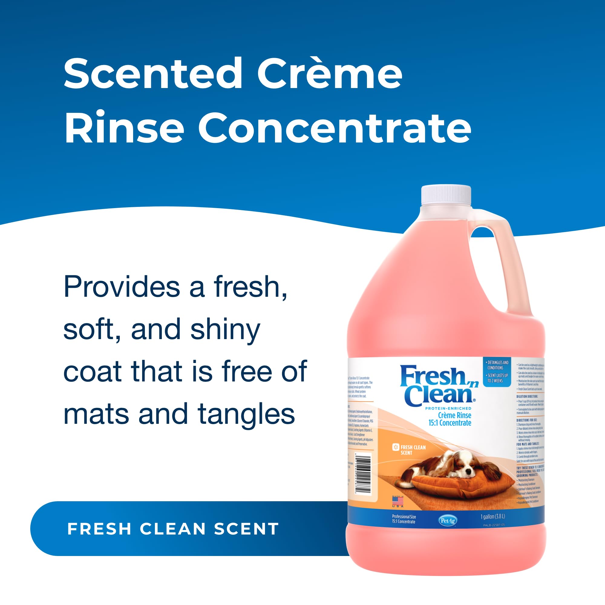 PetAg Fresh ’n Clean Creme Rinse label close-up highlights vitamin E and aloe vera conditioning.