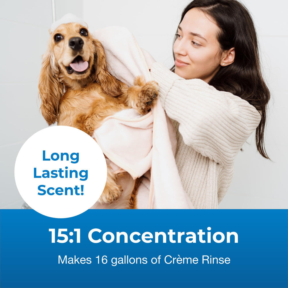 PetAg Fresh ’n Clean Creme Rinse being poured onto a dog's coat for quick conditioning.