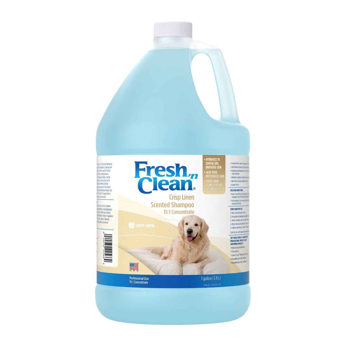 PetAg Fresh ’n Clean Crisp Linen shampoo bottle; gentle cleansing with a lasting crisp scent.