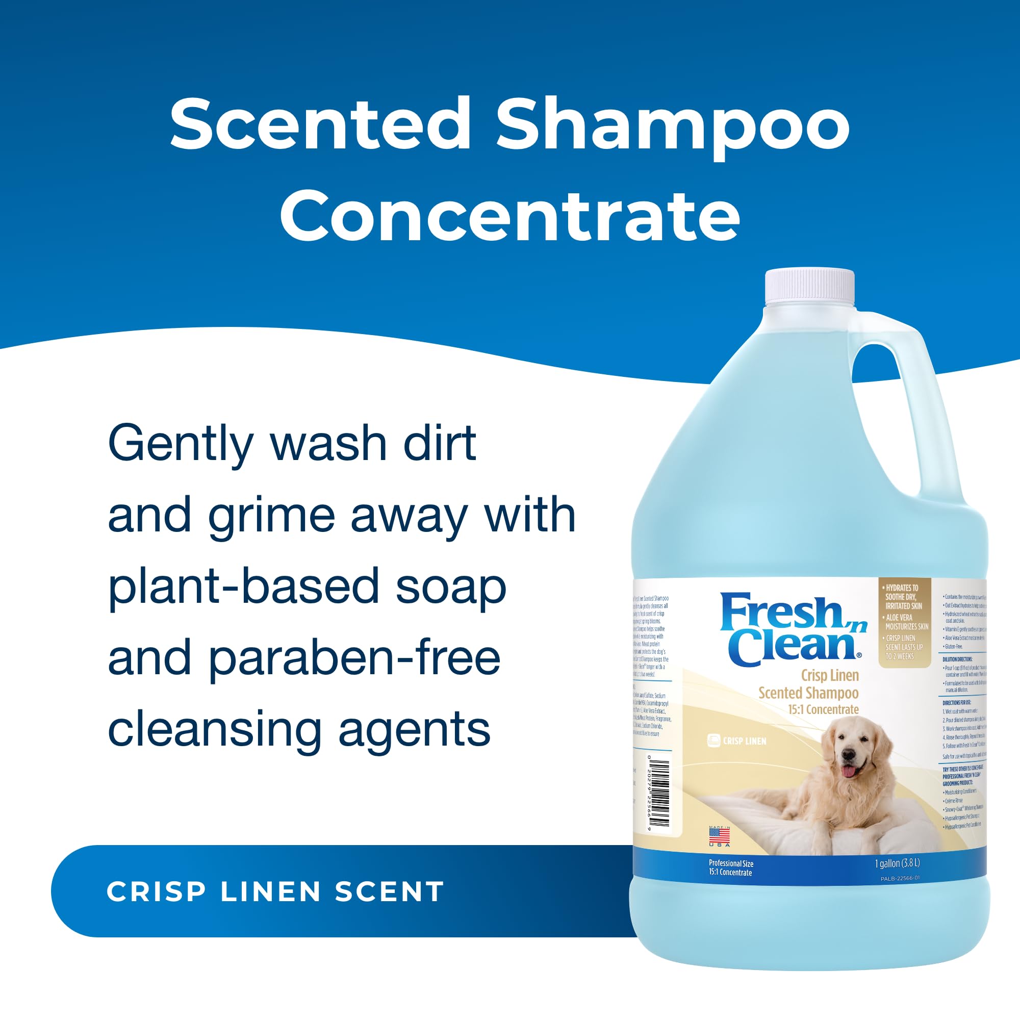 PetAg Fresh ’n Clean Crisp Linen shampoo lather on dog fur during grooming.