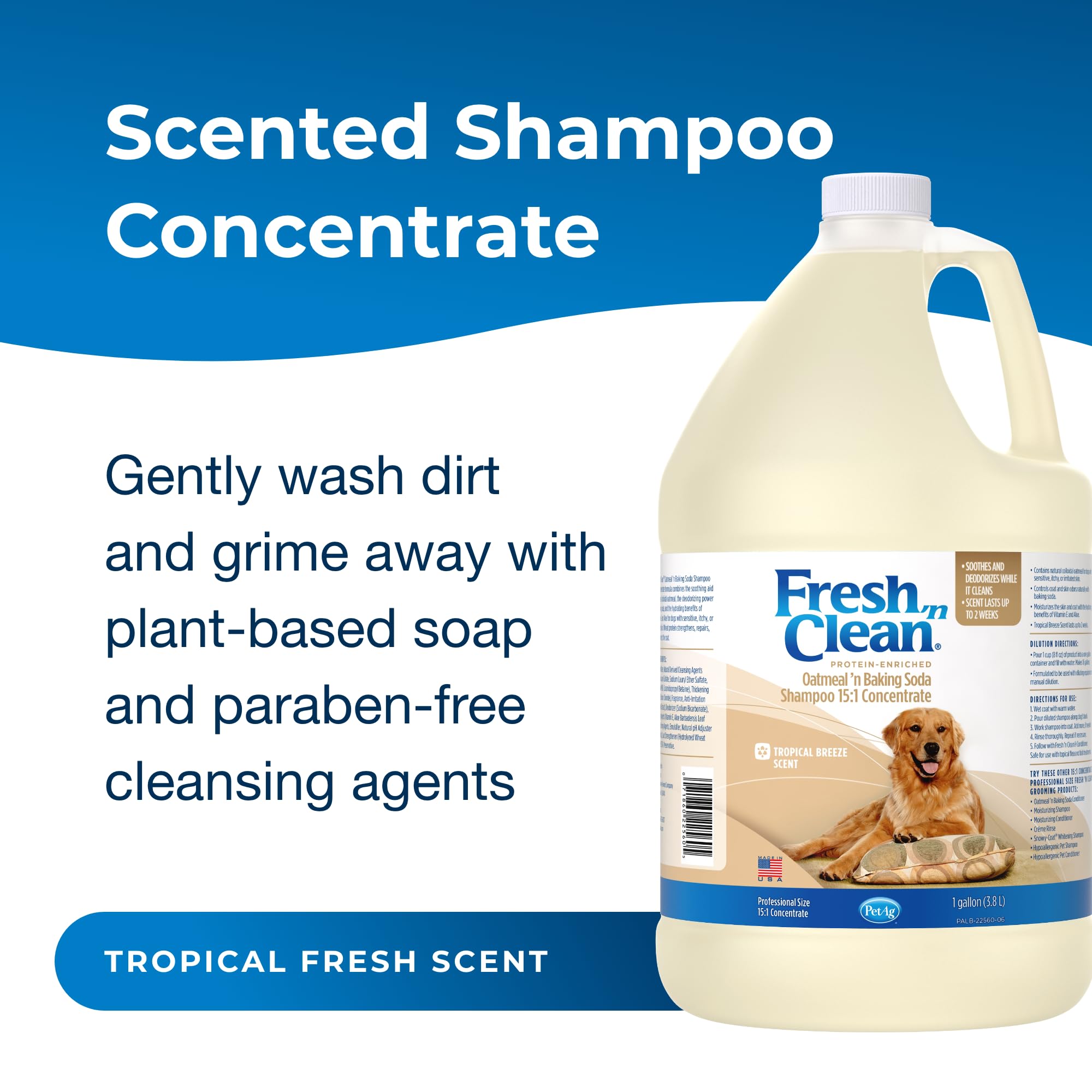 PetAg Fresh ’n Clean lather closeup shows oats for soothing coat care.