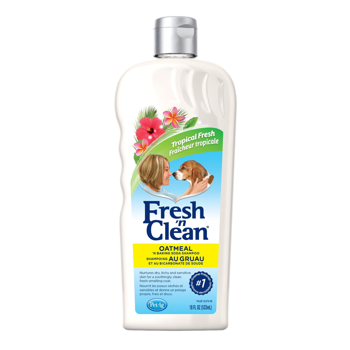 PetAg Fresh ’n Clean oatmeal shampoo bottle pour for gentle cleansing and odor control.