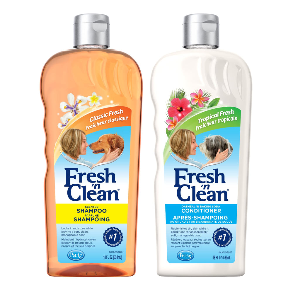 PetAg Fresh ’n Clean shampoo bottle with classic fresh scent for daily dog grooming.