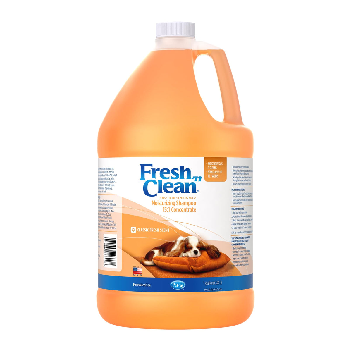 PetAg Fresh ’n Clean shampoo label shows classic fresh scent for gentle grooming.