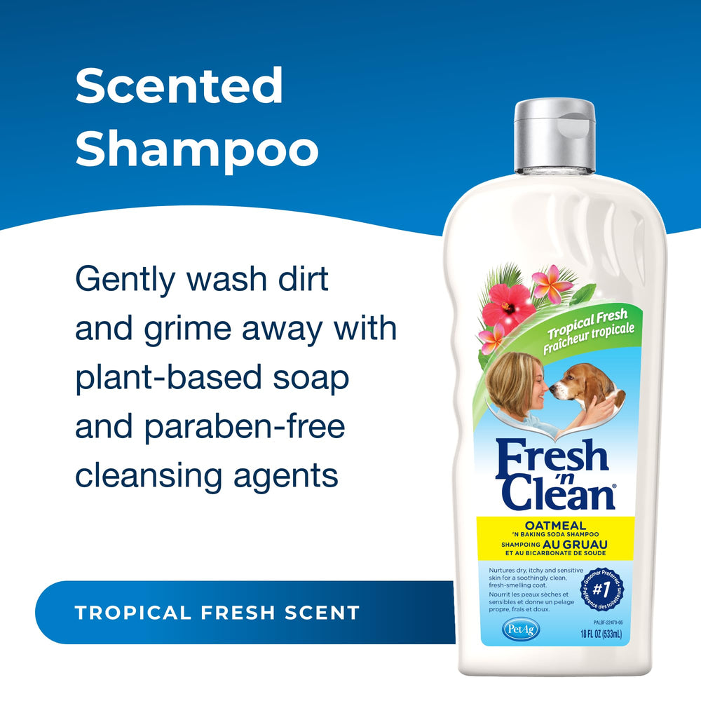 PetAg Fresh ’n Clean shampoo lather with Tropical Fresh scent for long-lasting freshness.