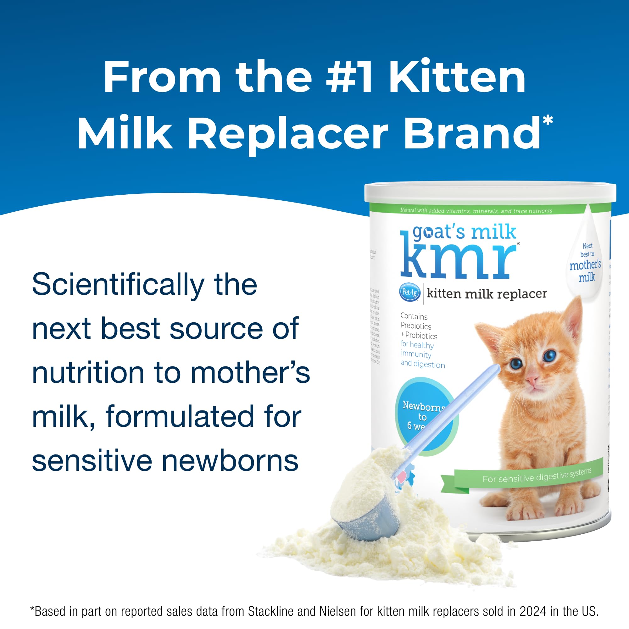 PetAg Goat Milk KMR powder mix in bottle supports easy feeding.