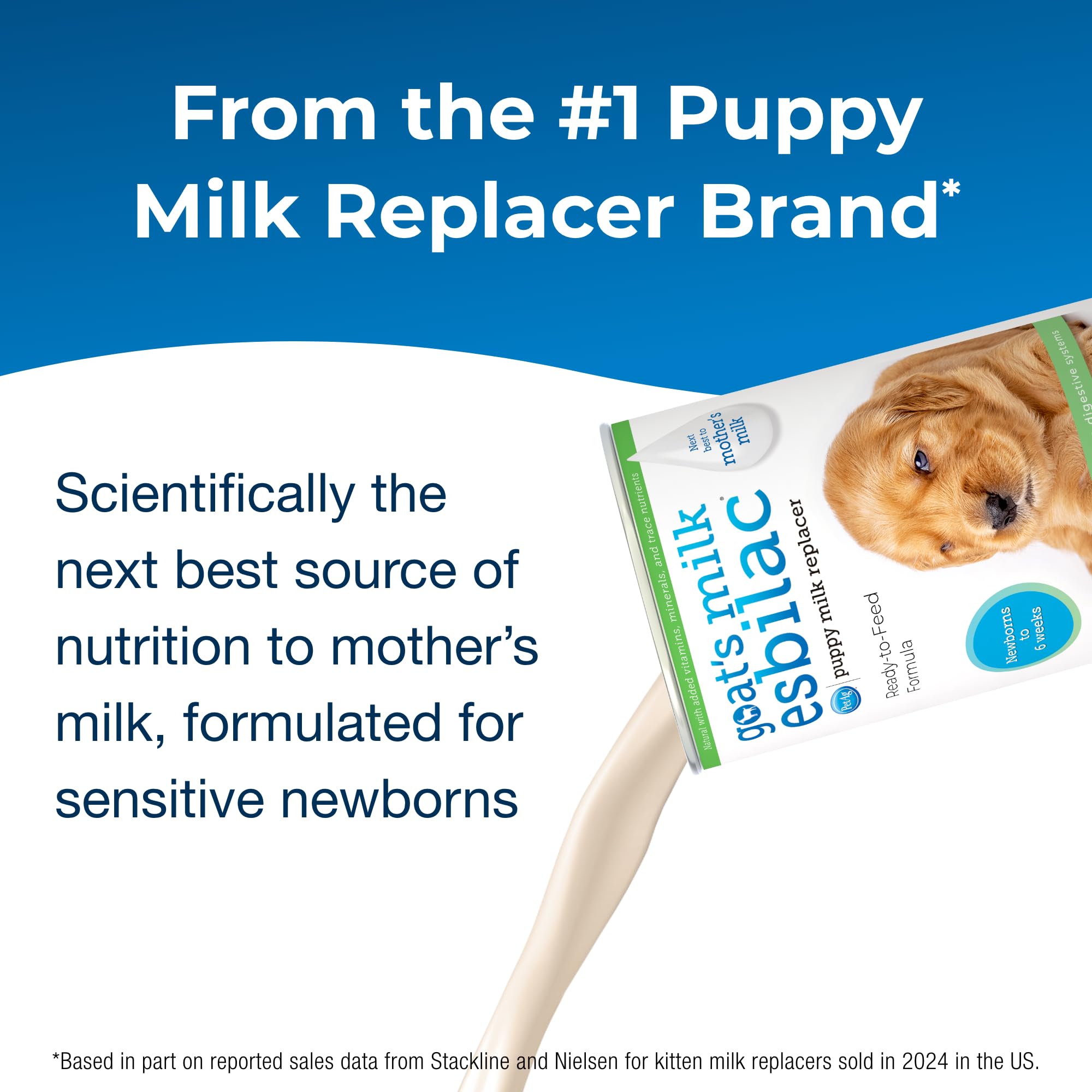 PetAg Goat's Milk Esbilac Liquid ready-to-feed puppy formula bottle enables easy serving.