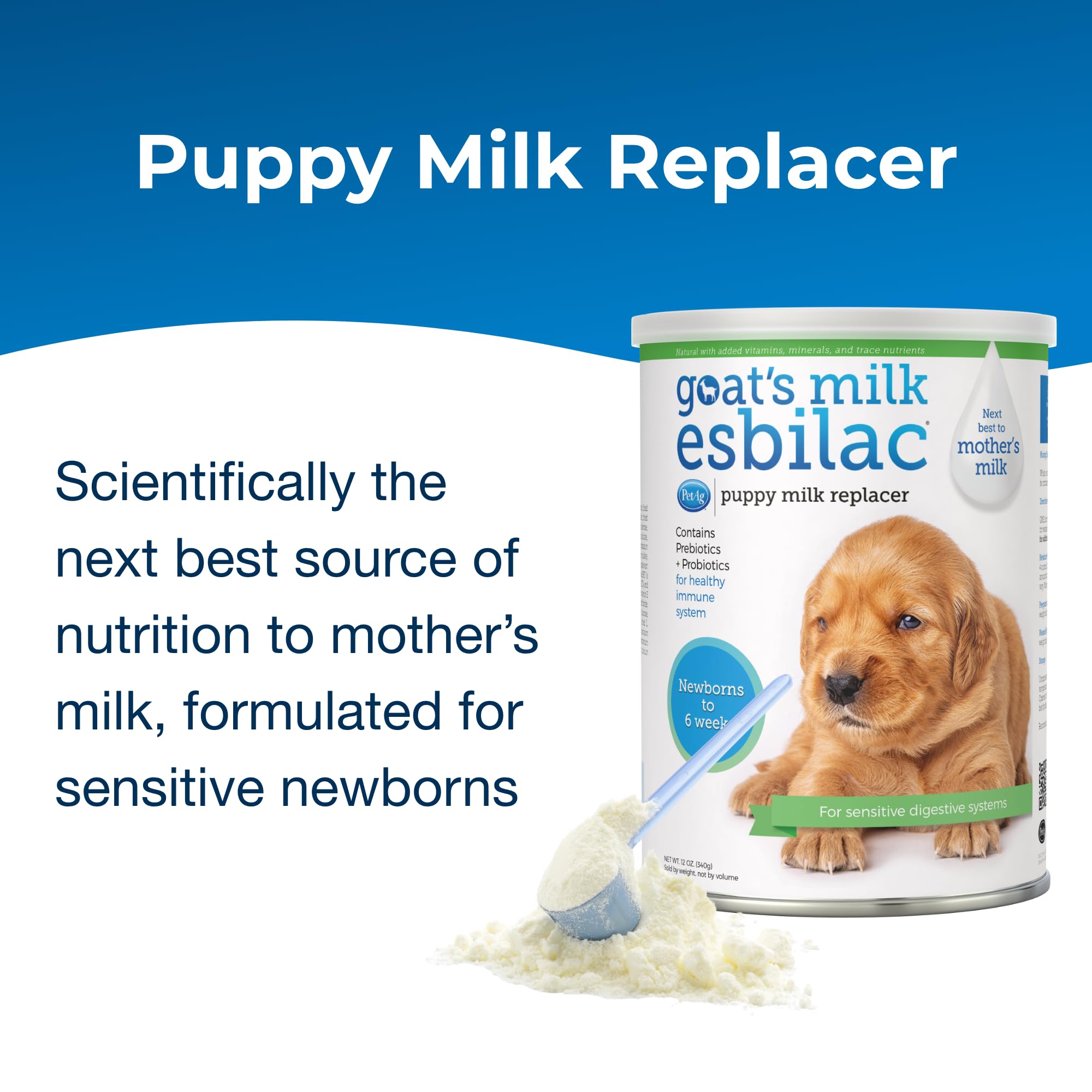 PetAg Esbilac powder bottle shows easy mixing for puppies