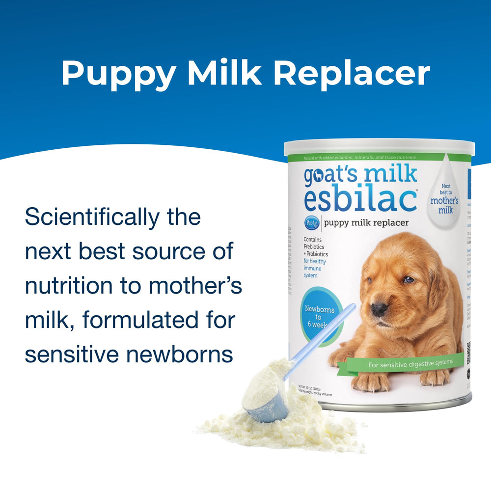 PetAg Esbilac powder bottle shows easy mixing for puppies