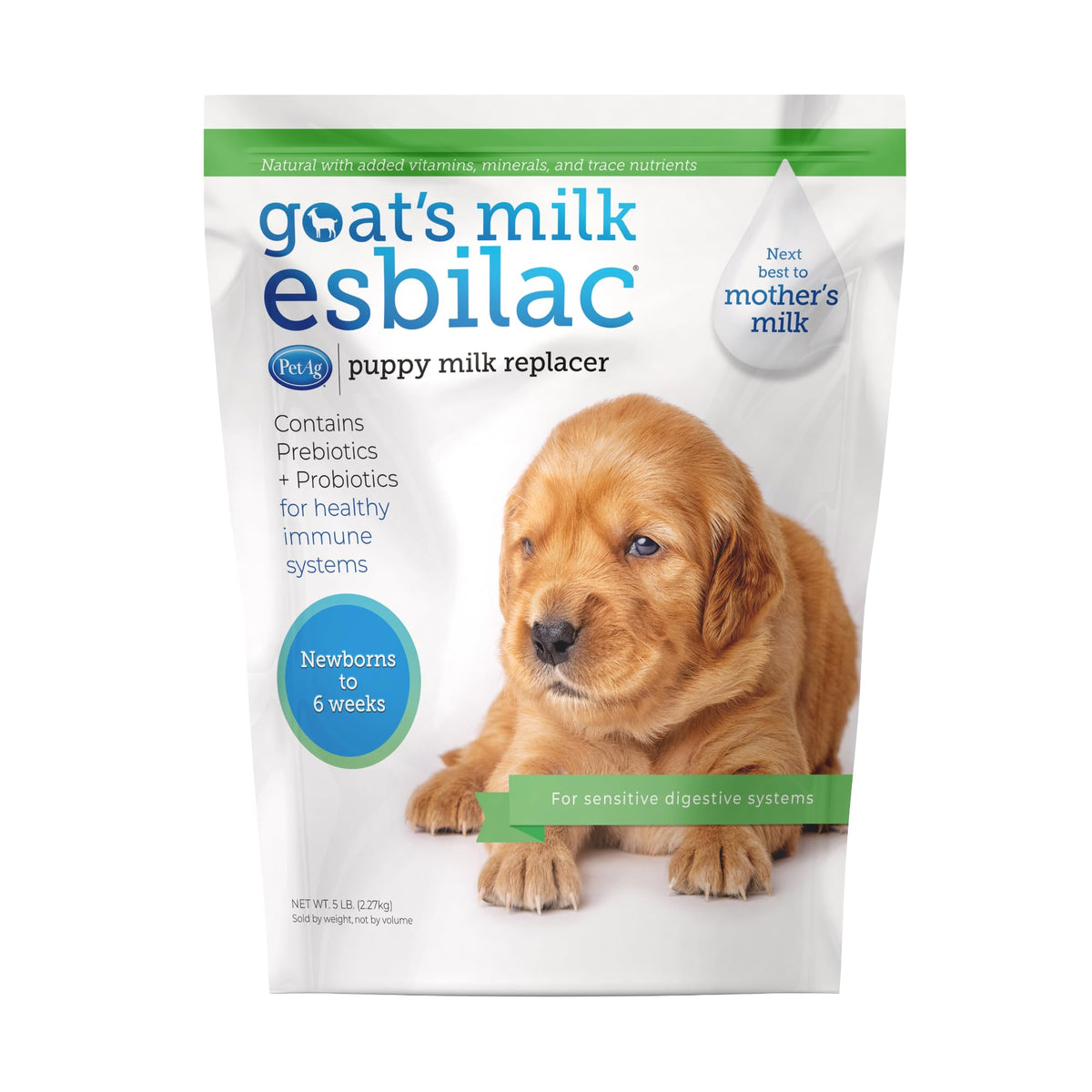 PetAg Goat's Milk Esbilac powder canister close-up for smooth mixing and complete puppy nutrition.