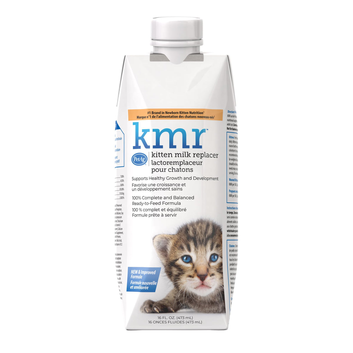 PetAg KMR kitten milk replacer liquid bottle provides complete nutrition for growing kittens.