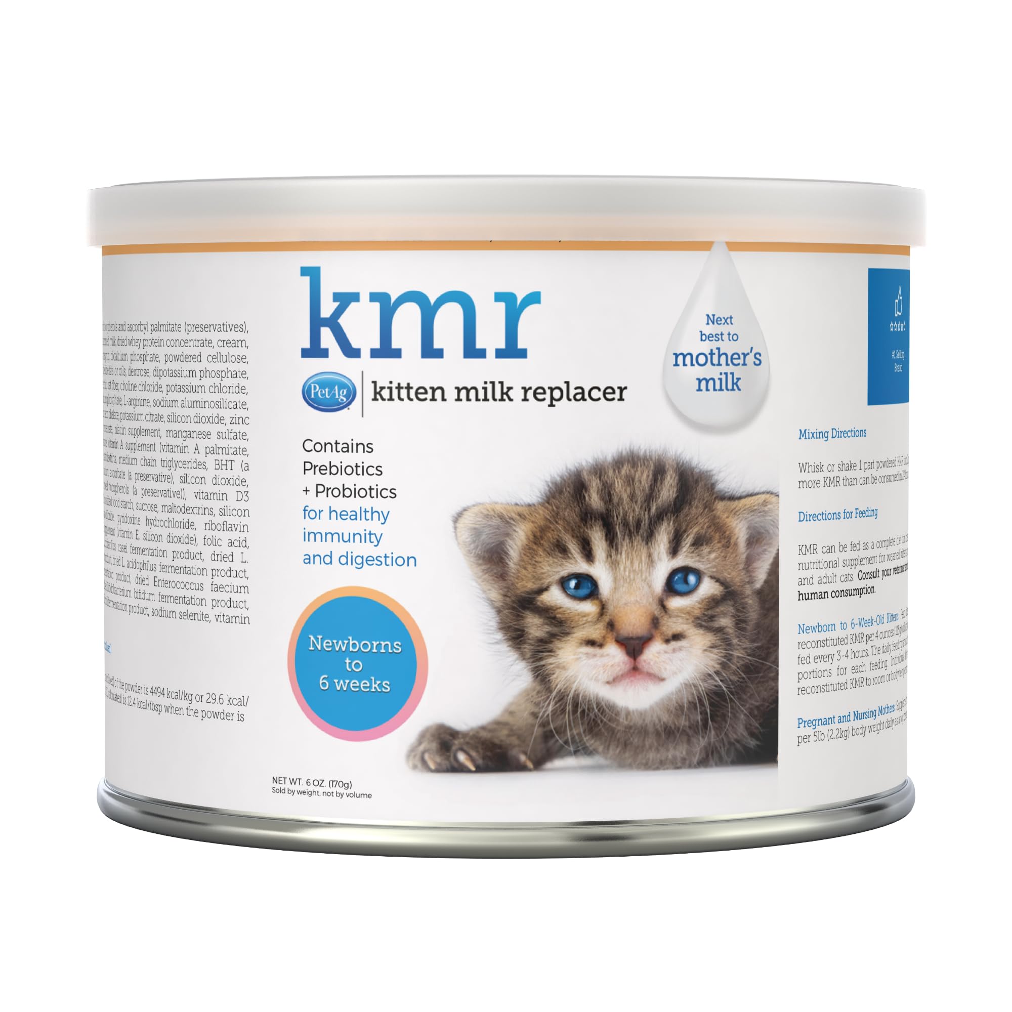 PetAg KMR kitten milk replacer powder tub front supports newborn nourishment.