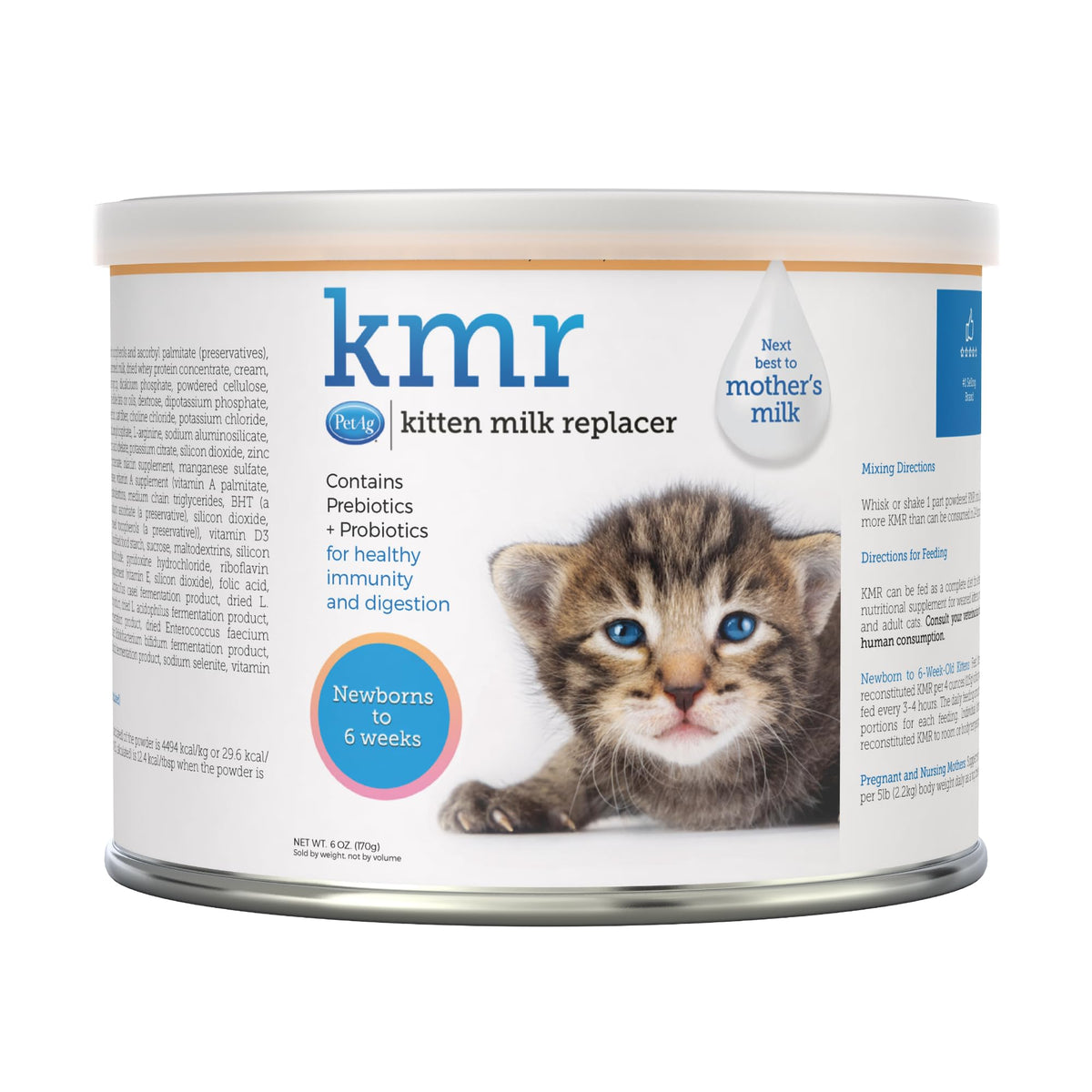 PetAg KMR kitten milk replacer powder tub front supports newborn nourishment.