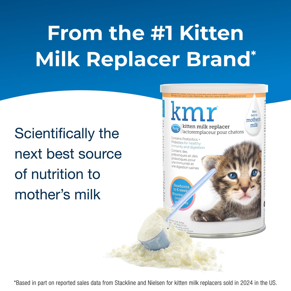 PetAg KMR label closeup highlights prebiotics and probiotics for gut health.