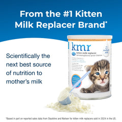 PetAg KMR label closeup highlights prebiotics and probiotics for gut health.