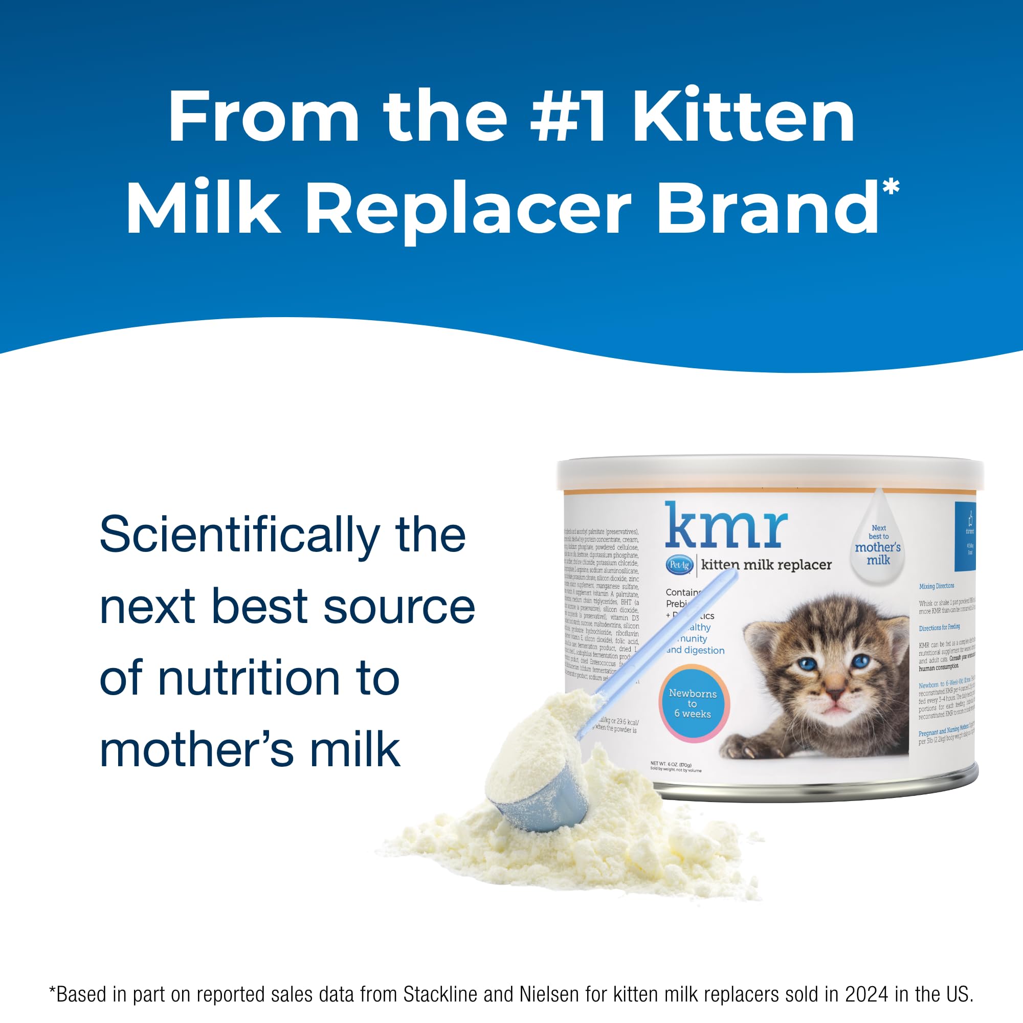 PetAg KMR powder tub close-up highlighting powder formula for easy preparation