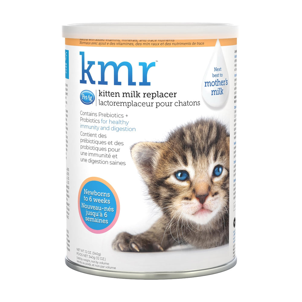 PetAg KMR powder tub shows kitten milk replacer for newborns with gentle digestion.