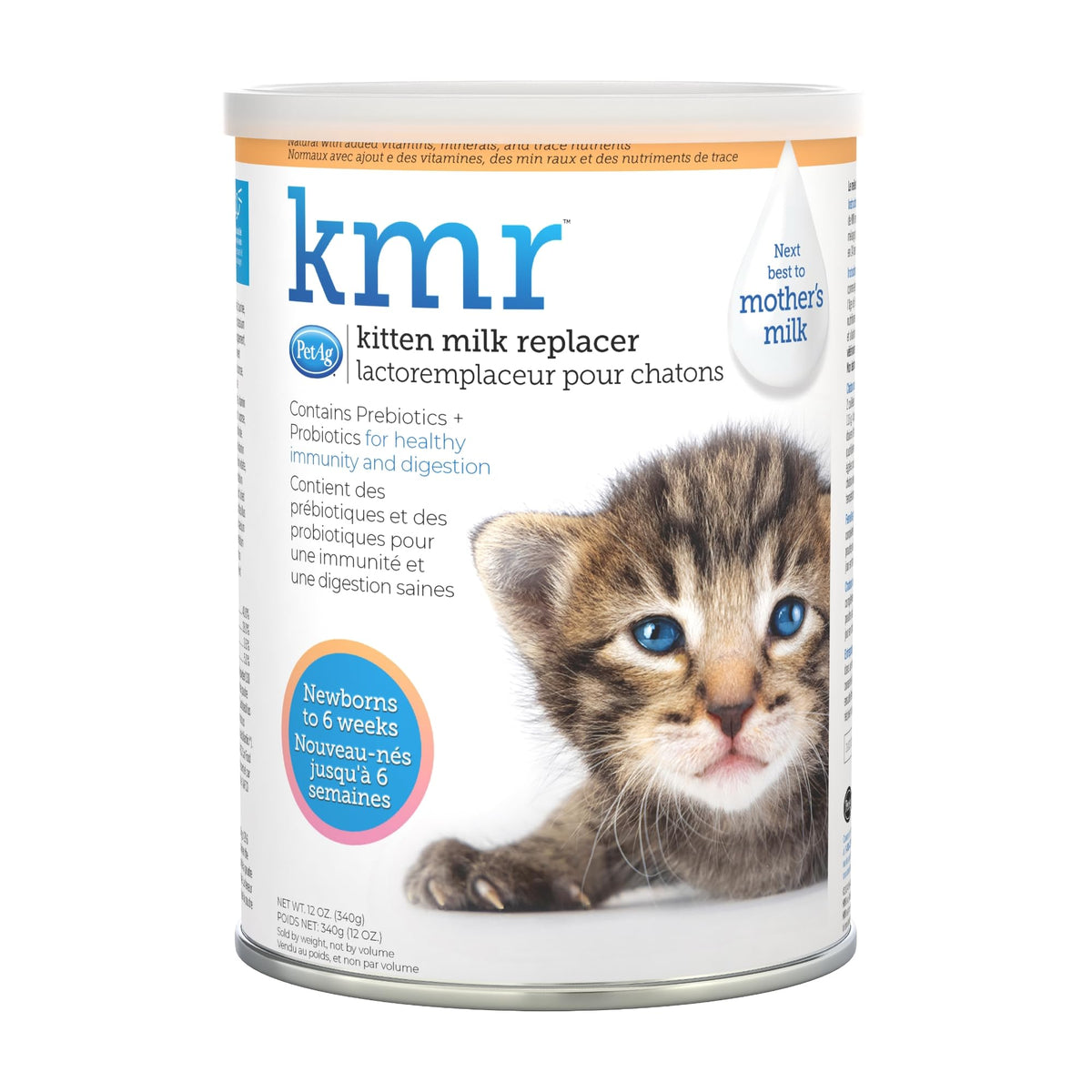 PetAg KMR powder tub shows kitten milk replacer for newborns with gentle digestion.