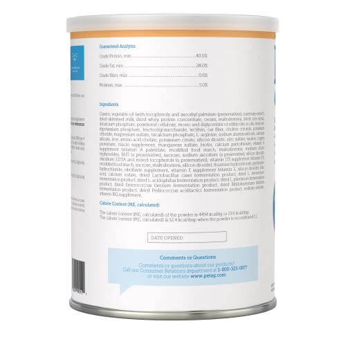 PetAg KMR label highlights prebiotics and probiotics for gut health.